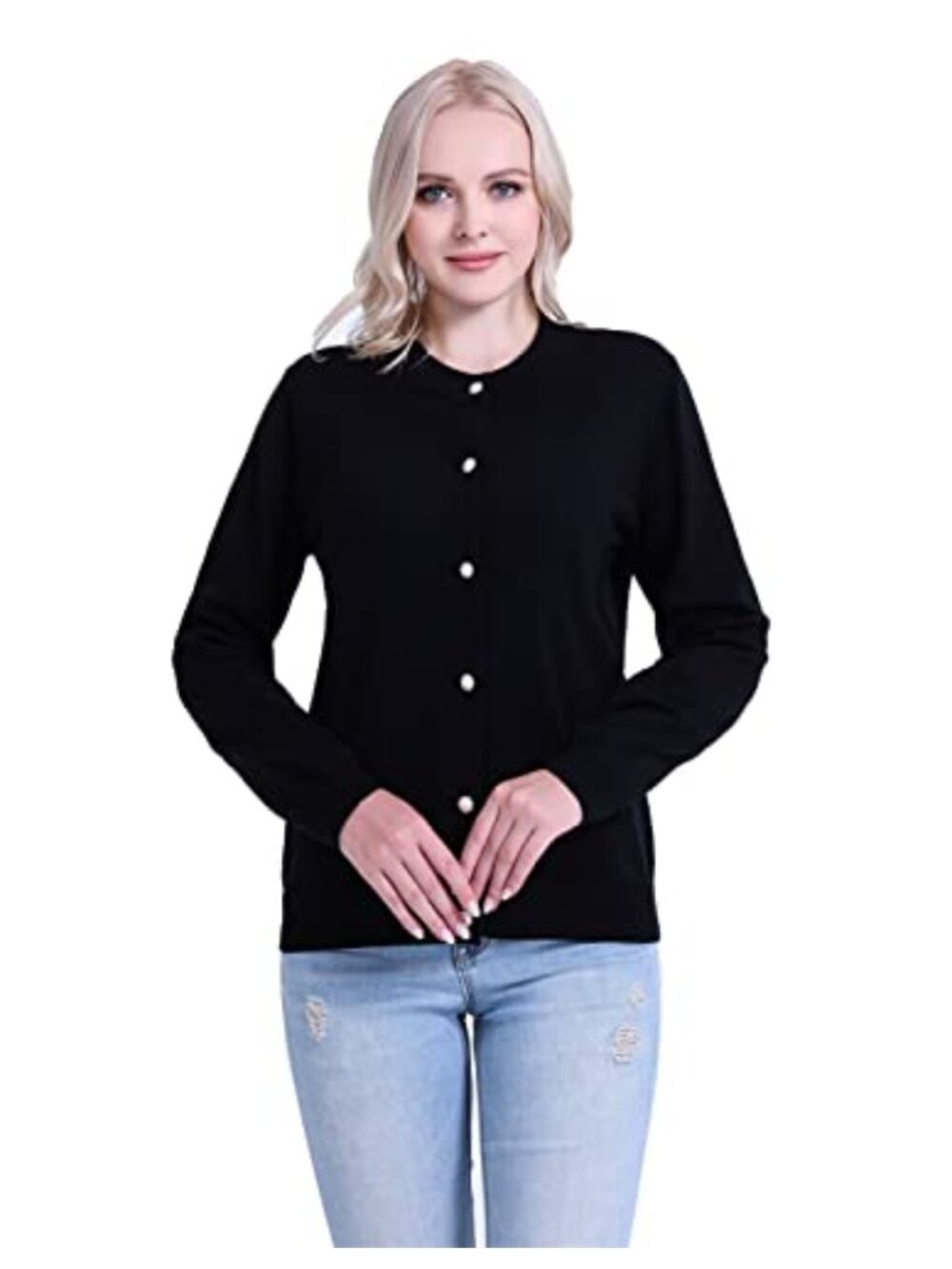 Women's Pearl Button Cardigan Medium Weight Knit Sweater